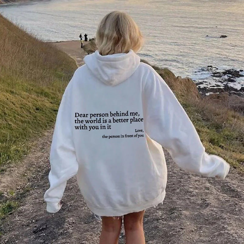 Dear Person Behind Me,the World Is A Better Place,with You In It, Brushed Hoody Kangaroo Pocket Drawstring Hoodie