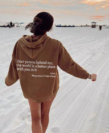 Dear Person Behind Me,the World Is A Better Place,with You In It, Brushed Hoody Kangaroo Pocket Drawstring Hoodie