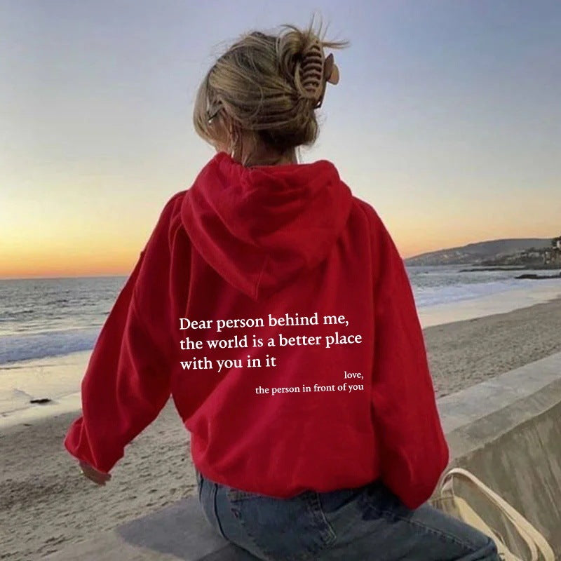 Dear Person Behind Me,the World Is A Better Place,with You In It, Brushed Hoody Kangaroo Pocket Drawstring Hoodie