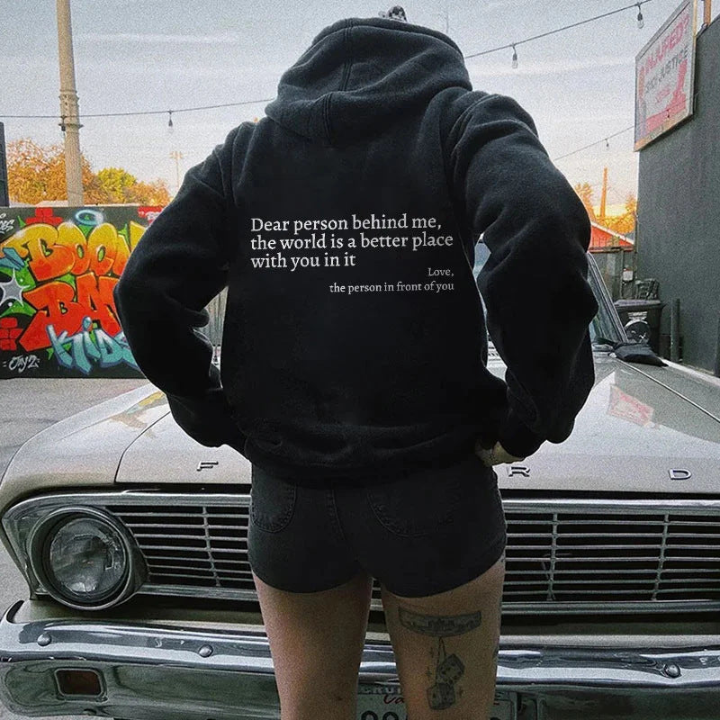 Dear Person Behind Me,the World Is A Better Place,with You In It, Brushed Hoody Kangaroo Pocket Drawstring Hoodie