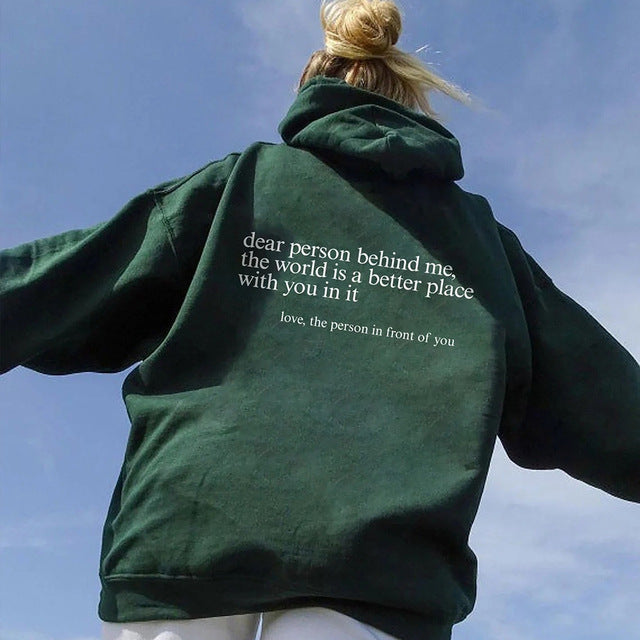 Dear Person Behind Me,the World Is A Better Place,with You In It, Brushed Hoody Kangaroo Pocket Drawstring Hoodie